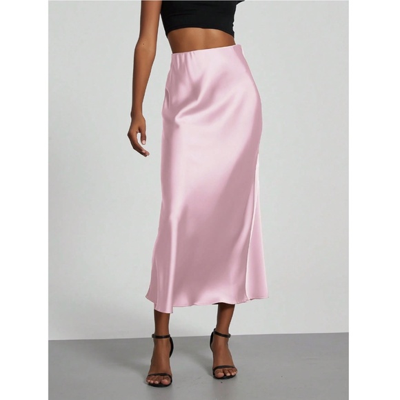 Pink Satin A-Line Skirt High Waisted Long - Picture 1 of 10